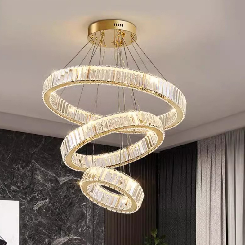 Modern Nordic Custom Hotel Stairs Wedding Decor Gold Rings Crystal Large Pendant Lights High Ceiling Luxury Chandeliers