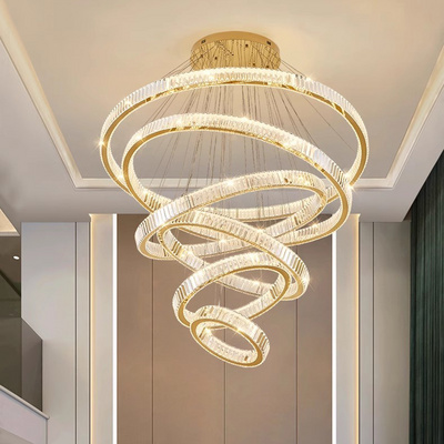 Modern Nordic Custom Hotel Stairs Wedding Decor Gold Rings Crystal Large Pendant Lights High Ceiling Luxury Chandeliers