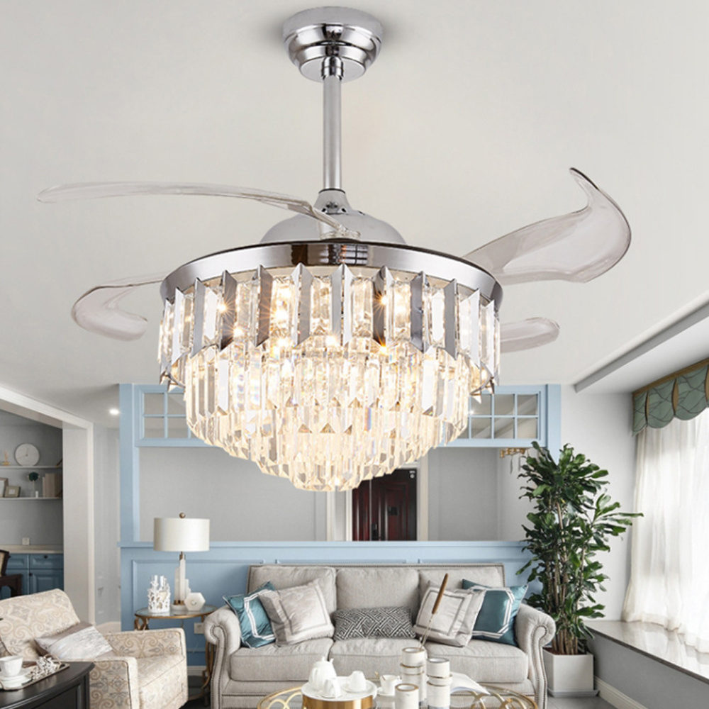 Retractable Blades Round Ceiling Fan Lamp With Dimming Led Crystal Light Modern Gold Chandelier For Bedroom Indoor Home Lighting