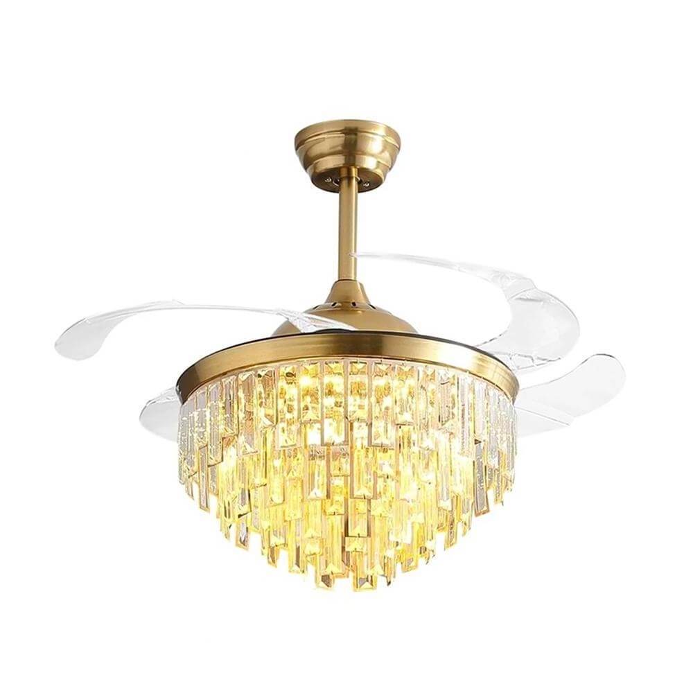 Modern Restaurant Retractable Acrylic Blades Fan Pendant Light Luxury Modern Led With Gold Crystal Chandelier Luxury Ceiling Fan