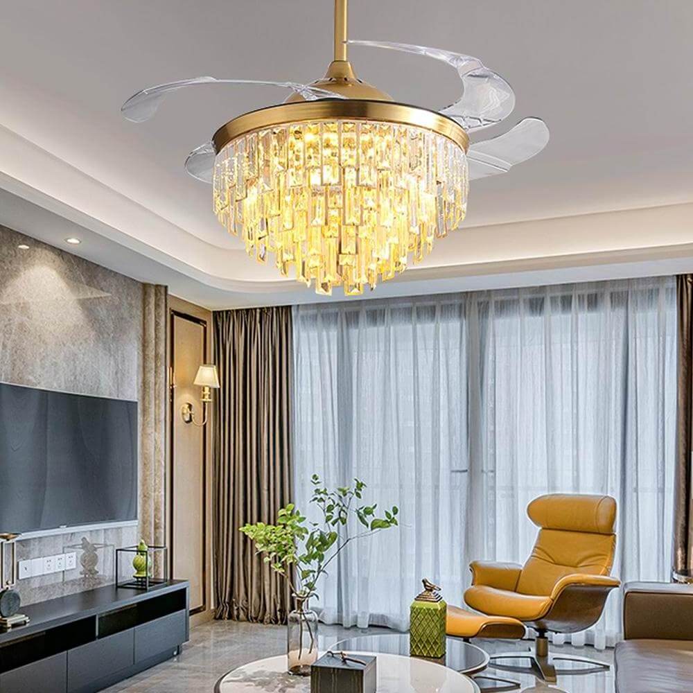 Modern Restaurant Retractable Acrylic Blades Fan Pendant Light Luxury Modern Led With Gold Crystal Chandelier Luxury Ceiling Fan