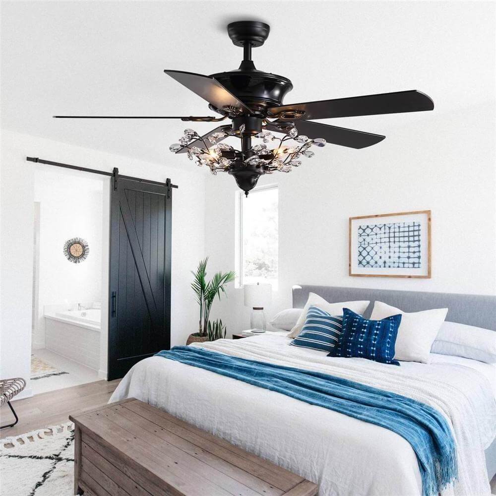 Decorative Black Led Ceiling Fan Blade Modern Tree Branch Round Chandelier Light Fixture Bedroom Dining Room Modern Crystal Lamp