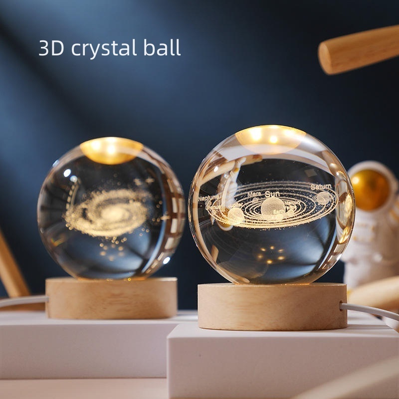 Kinscoter Wood Base 3D Galactic Solar System Ambient Unique Crystal Ball Light Led Night Light For Gift