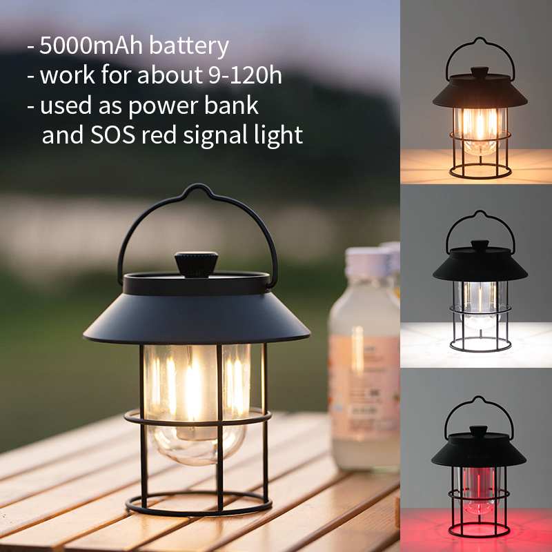 Camping Portable Lamp Rechargeable 5000mAh Adjustable Light Tent Retro LED Outdoor Lantern