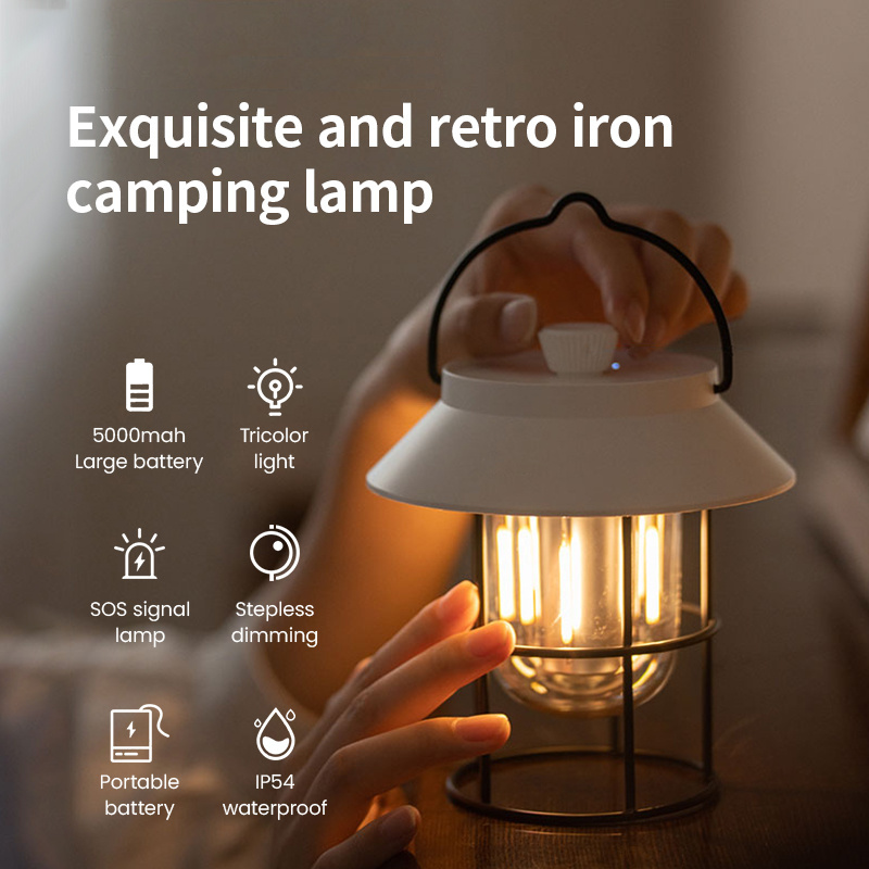 Camping Portable Lamp Rechargeable 5000mAh Adjustable Light Tent Retro LED Outdoor Lantern