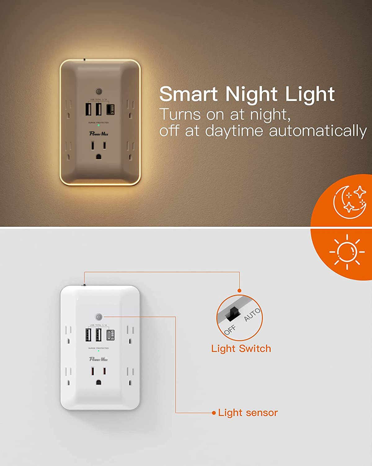 Outlet Extender with Night Light And 4 USB Ac Outlet Extension Cord Electrical  Plug Adapter travel socket plug universal socket