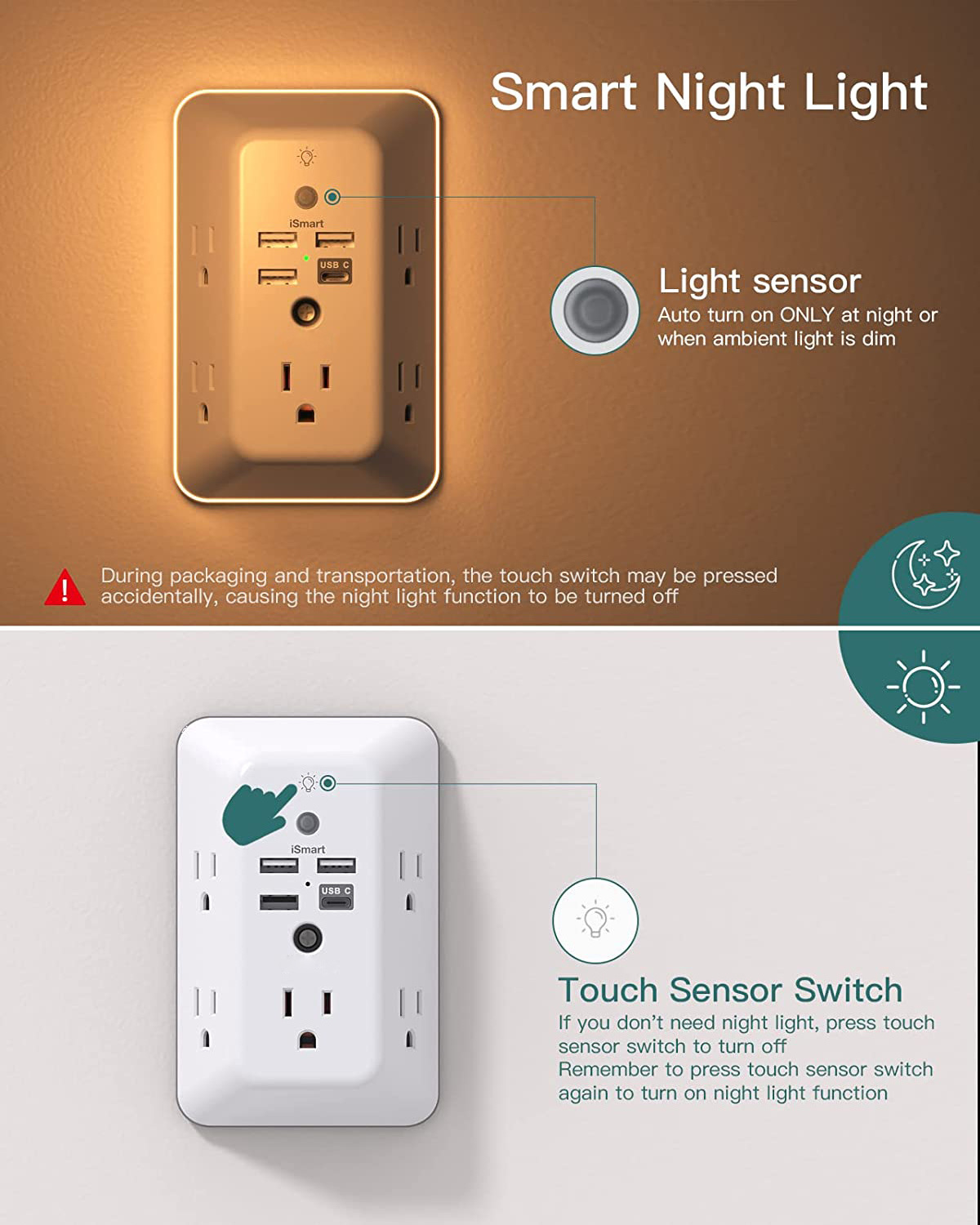 Tonghua 5 way Power Strip With 3 USB electric plug wall charger Dual Outlet Extender And Dusk-to-dawn Sensor Night Light