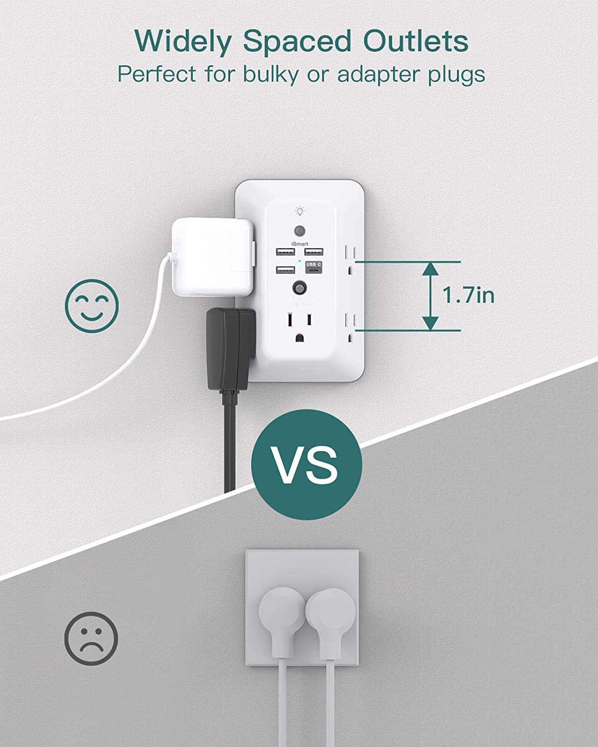 Tonghua 5 way Power Strip With 3 USB electric plug wall charger Dual Outlet Extender And Dusk-to-dawn Sensor Night Light