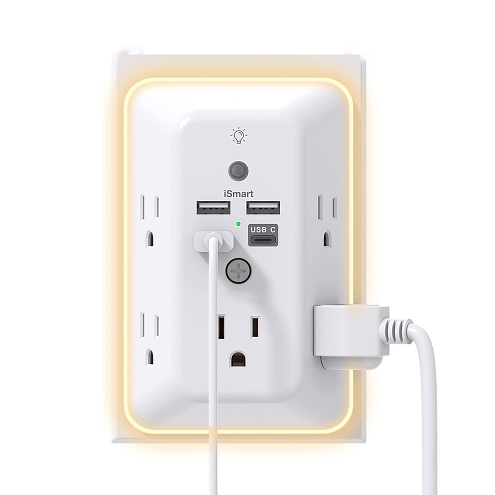 Tonghua 5 way Power Strip With 3 USB electric plug wall charger Dual Outlet Extender And Dusk-to-dawn Sensor Night Light