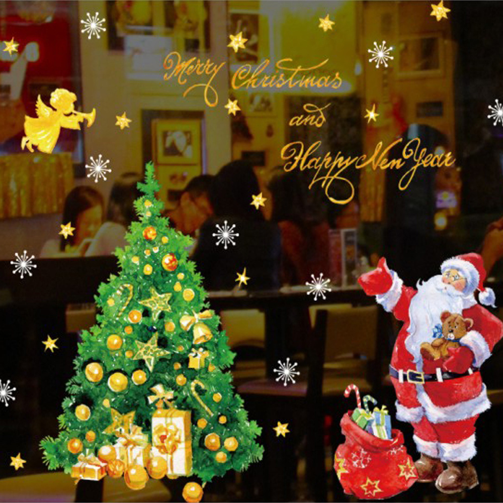 custom printing gold christmas tree glass window wall sticker pack