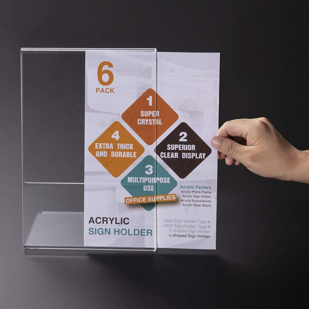 Custom wholesale L shape clear acrylic display stand sign holder menu holder