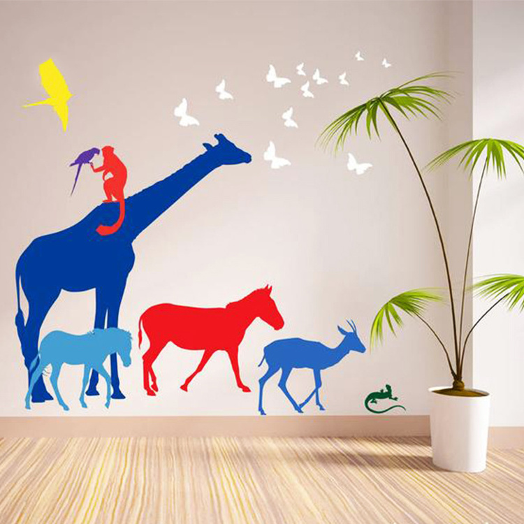 Nursery Mural Wallpaper Wall Sticker Covering Print Peel and Stick Self Adhesive Cartoon Giraffe Elephant Animal Canvas Home De