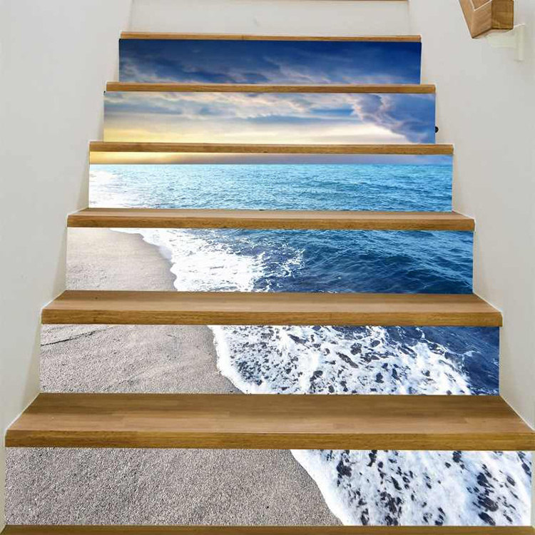 3D Summer Palm Tree Beach Self-Adhesive Stair Stickers for Hotel Home Staircase Riser Decor