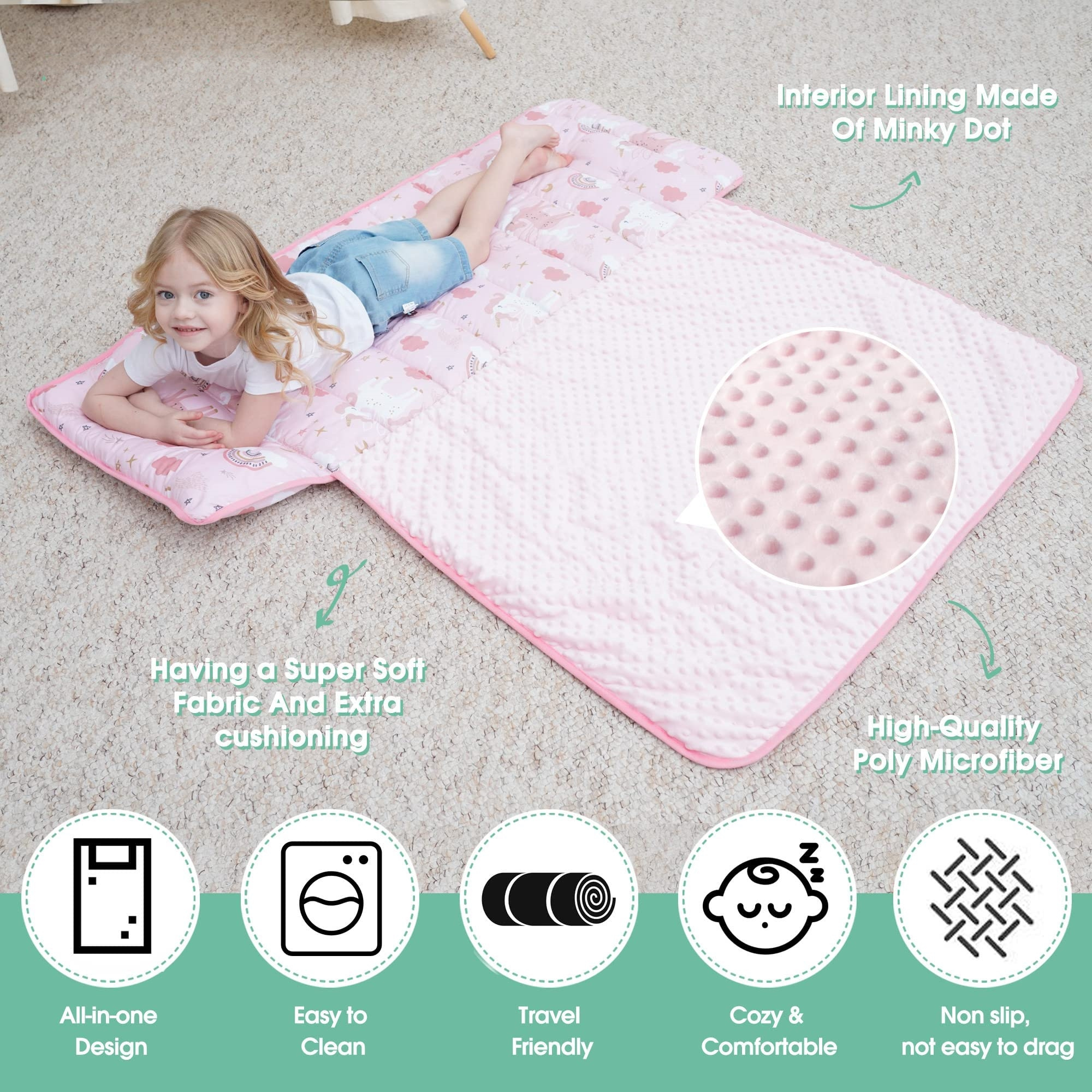 Custom Toddler Nap Mat with Pillow & Blanket - Roll Up Nap Mat for Preschool- Soft Kids Sleeping Mat