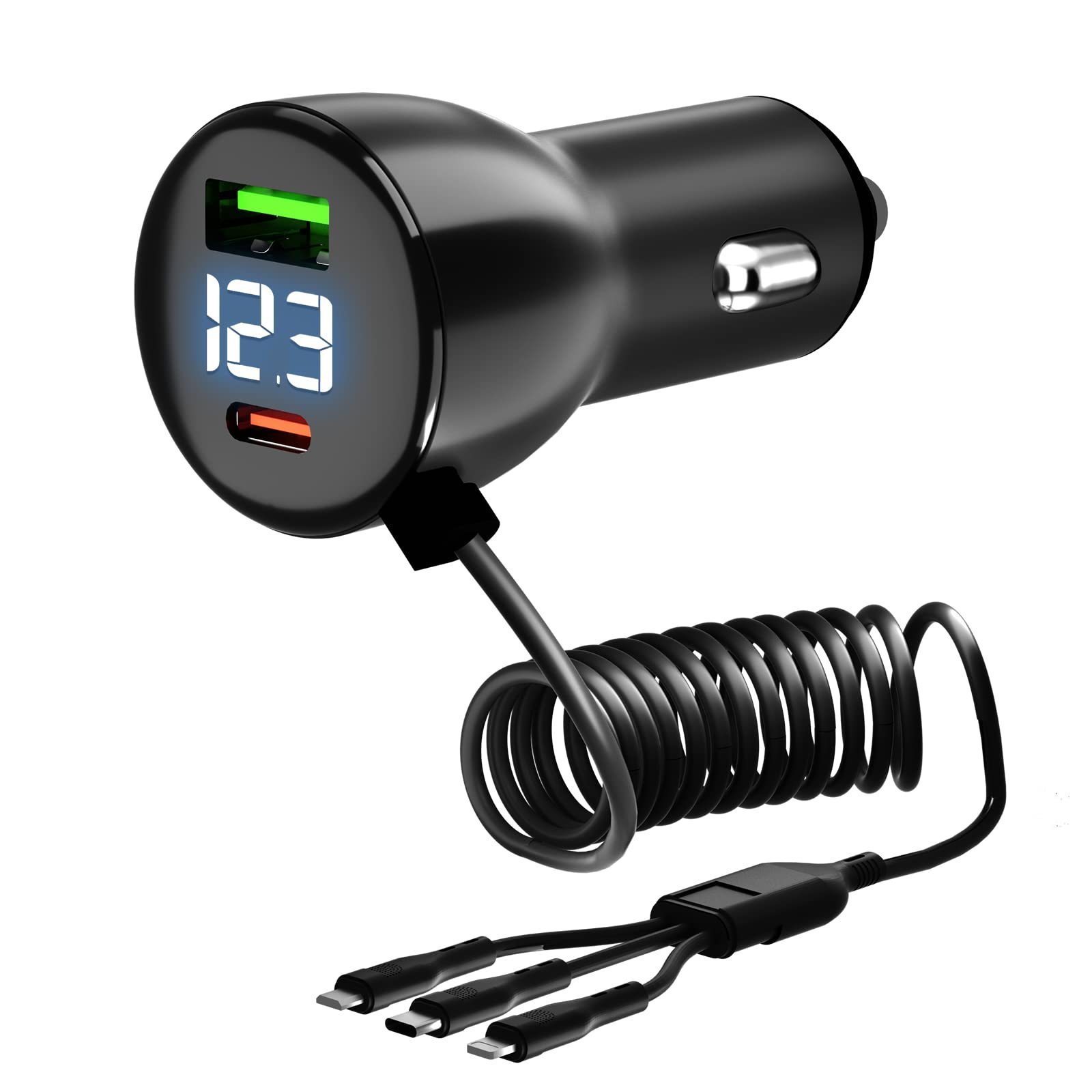 PSE Certified USB Car Charger PD25W QC18W Integrated 3 Rows of 1.2 m Cable Car Charger for iPhone iPad Samsung Galaxy