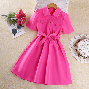 2023 Summer New Casual Girls Dresses Solid Color Short sleeved Shirt Dress Fashion Princess Kid Dress for Girls of 10-11 Years