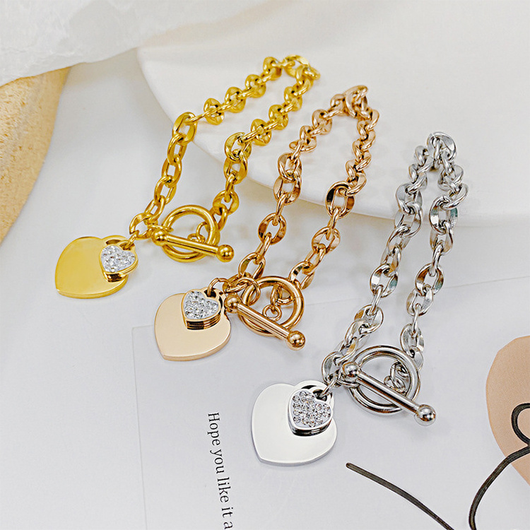 Fashion Polished Stainless Steel Bracelet Love Heart Pendant Designer Gold Plated Titanium OT Buckle Bracelet