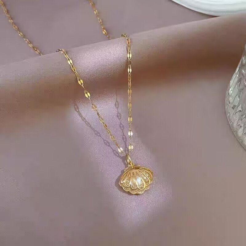 18k gold plated shell pearl pendant necklace rose gold diamond clavicle chain women necklace