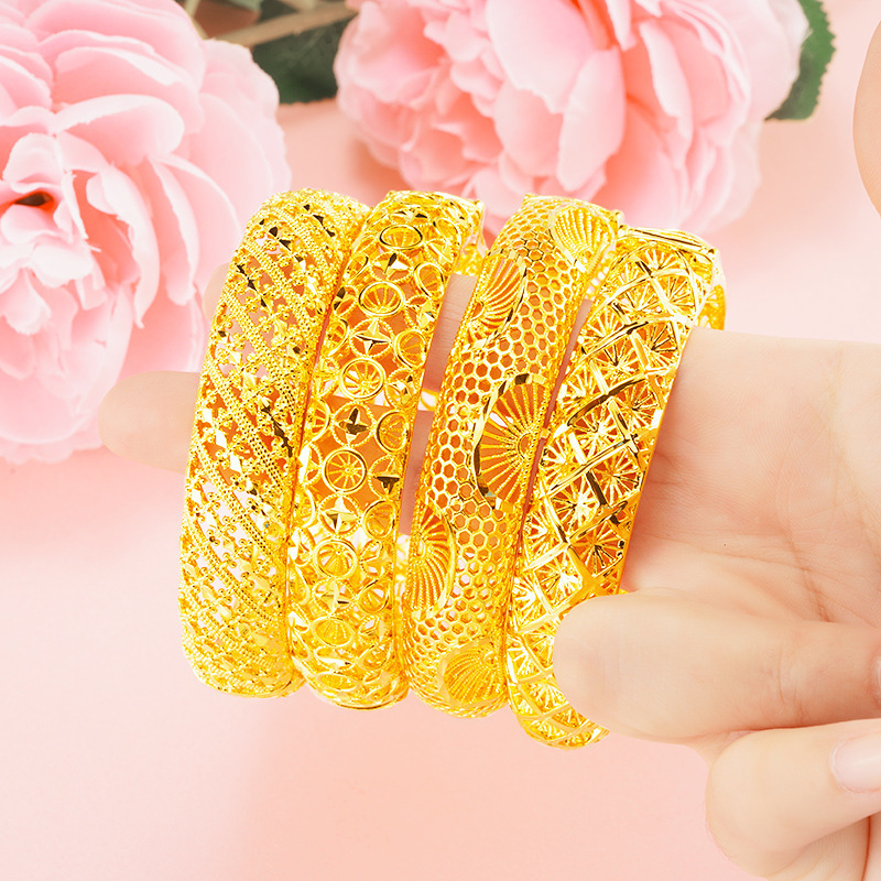 Women's vintage jewelry 24k gold plated brass bracelet Vietnam sargent hollowed-out buckle bracelet