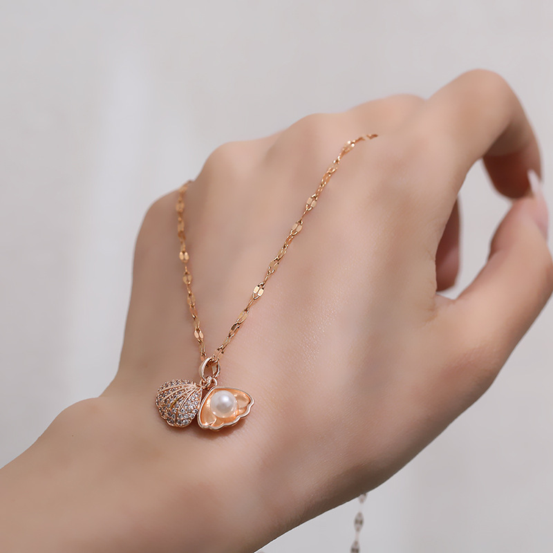 18k gold plated shell pearl pendant necklace rose gold diamond clavicle chain women necklace