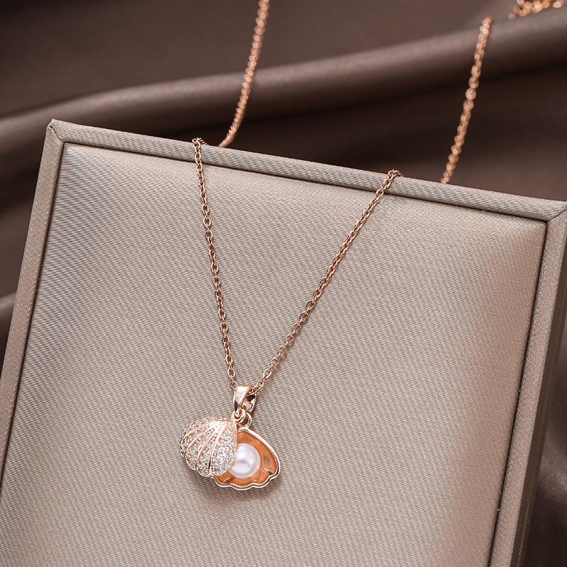 18k gold plated shell pearl pendant necklace rose gold diamond clavicle chain women necklace