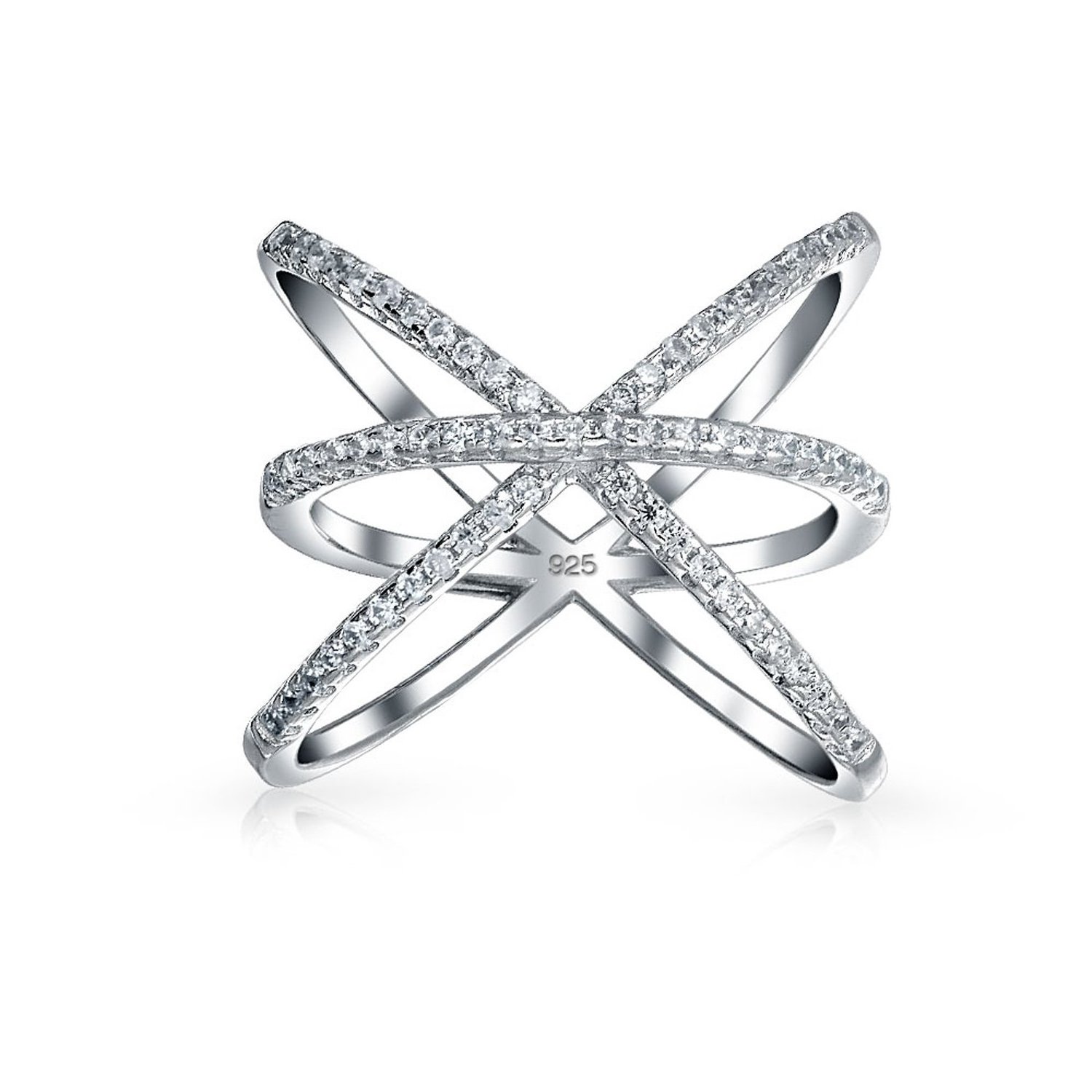 New Fashion Geometric Pave Crystal CZ Cris Cross Atomic X Planet 925 Sterling Silver Ring