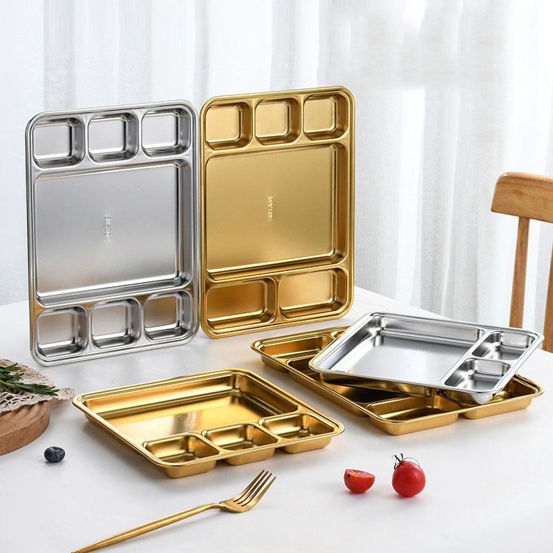 bento lunch dividing plate fast food serving tray rectangle 3 4 5 6 compartments 201 304 stainless steel plate