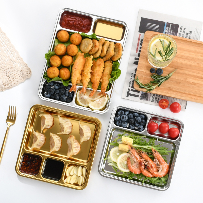 bento lunch dividing plate fast food serving tray rectangle 3 4 5 6 compartments 201 304 stainless steel plate