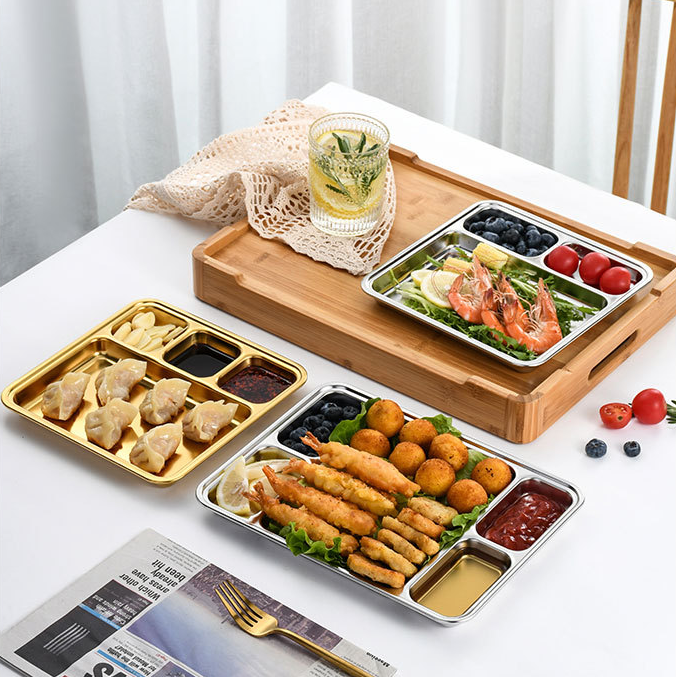 bento lunch dividing plate fast food serving tray rectangle 3 4 5 6 compartments 201 304 stainless steel plate