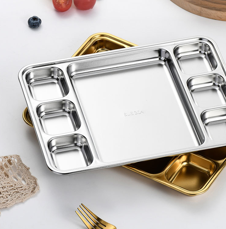 bento lunch dividing plate fast food serving tray rectangle 3 4 5 6 compartments 201 304 stainless steel plate