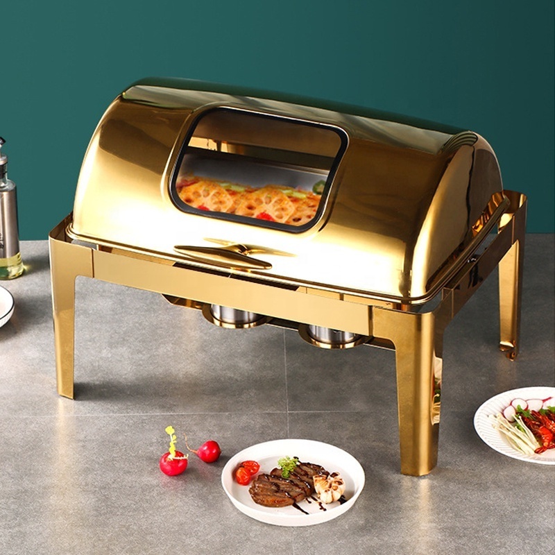 display stainless steel pour buffet food warmer round luxury gold chafing dish