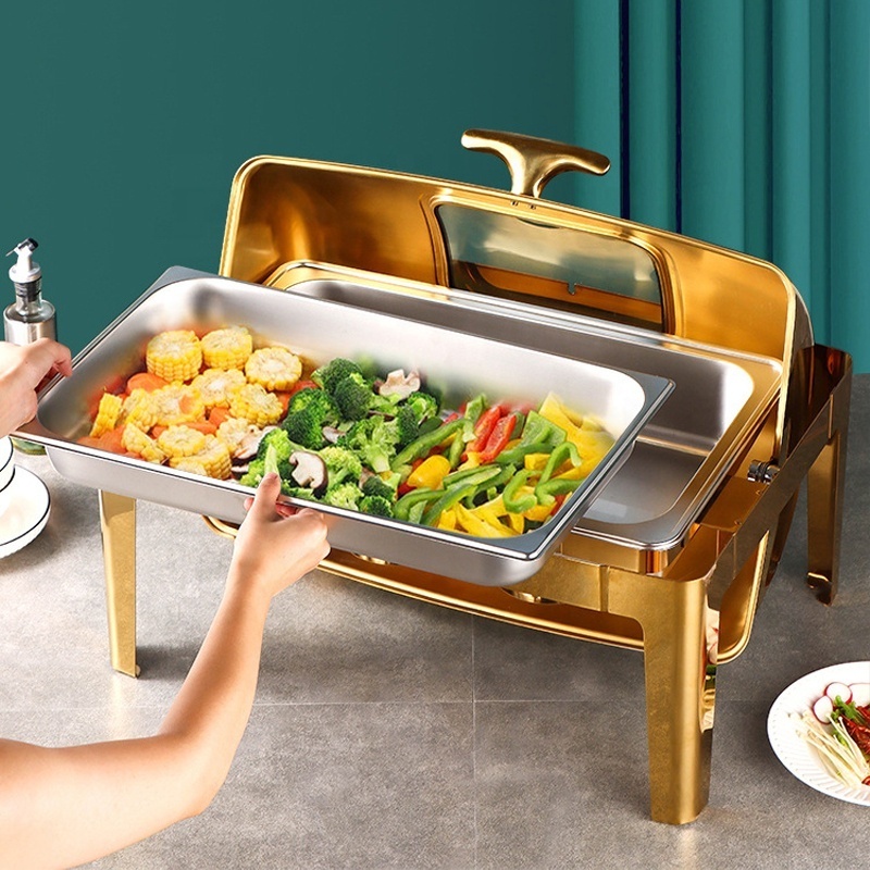 display stainless steel pour buffet food warmer round luxury gold chafing dish