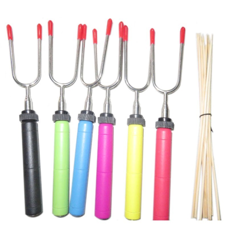 hot selling marshmallow roasting sticks stainless steel skewers telescoping Wooden Spinning BBQ forks