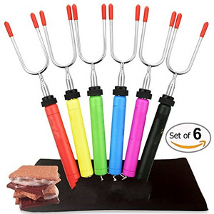 hot selling marshmallow roasting sticks stainless steel skewers telescoping Wooden Spinning BBQ forks