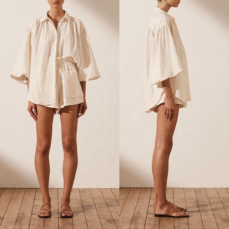 Women Button Down Blouse Crisp Cotton Poplin Featuring Voluminous Balloon Sleeves Ruched Detailing At Neckline Linen Blouse