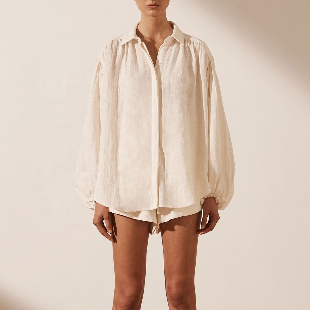 Women Button Down Blouse Crisp Cotton Poplin Featuring Voluminous Balloon Sleeves Ruched Detailing At Neckline Linen Blouse