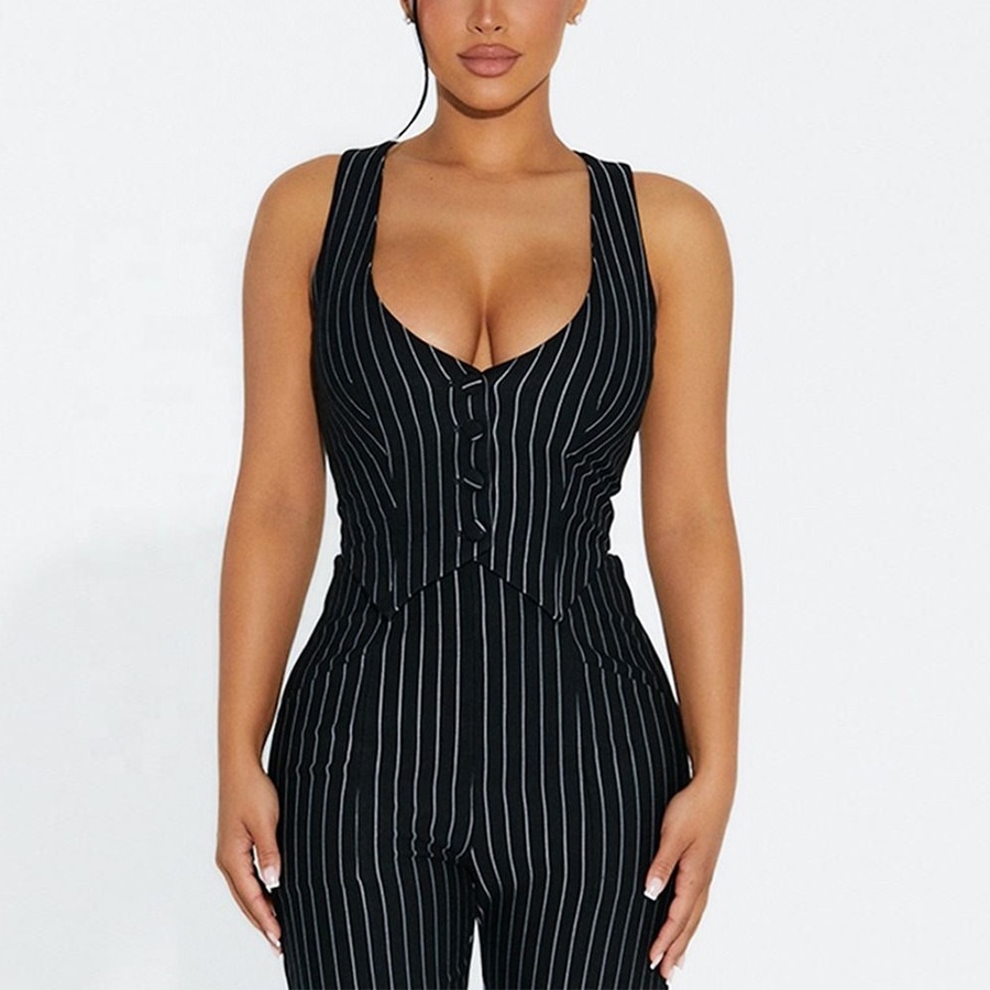 Fashion Pinstripe Sleeveless Vest Women's High Quality Short Button Vest Casual Work Jacket