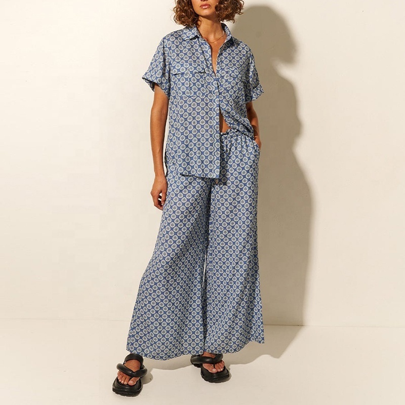 Plus Size Summer Women's Clothes Short Sleeve Printed 2 Piece Shirt Outfits Blouse Linen Cotton Wide Leg Pants Set Lady Suit