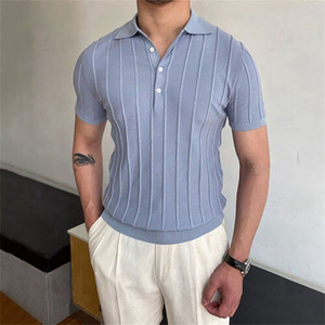 2024 Wholesale Suppliers Blue Ribbed Knitted Cotton Vintage Knit Polo Shirt Men Custom Short Sleeve Sweater T shirt for Men