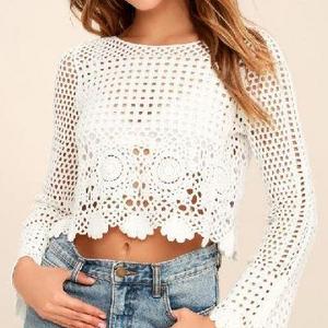 2024 Spring Summer Thin White Handmade Crochet Knit Sweater Shirt Breathable Crochet Knit Tops For Women