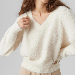 2024 Knitwear Manufacturer Custom White Recycled Soft Women Knit Long Sleeve Cropped Fluffy Fuzzy Sweater For Ladies