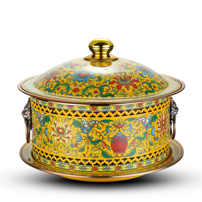 Enamel Copper Single Hot Pot Stove Retro Pattern Pure brass old-fashioned palace classical Beijing copper pot