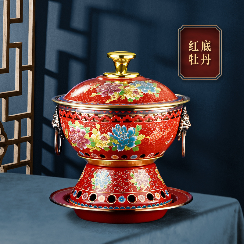 Enamel Copper Single Hot Pot Stove Retro Pattern Fat Cow Small Hot Pot Household Beijing Copper Hot Pot