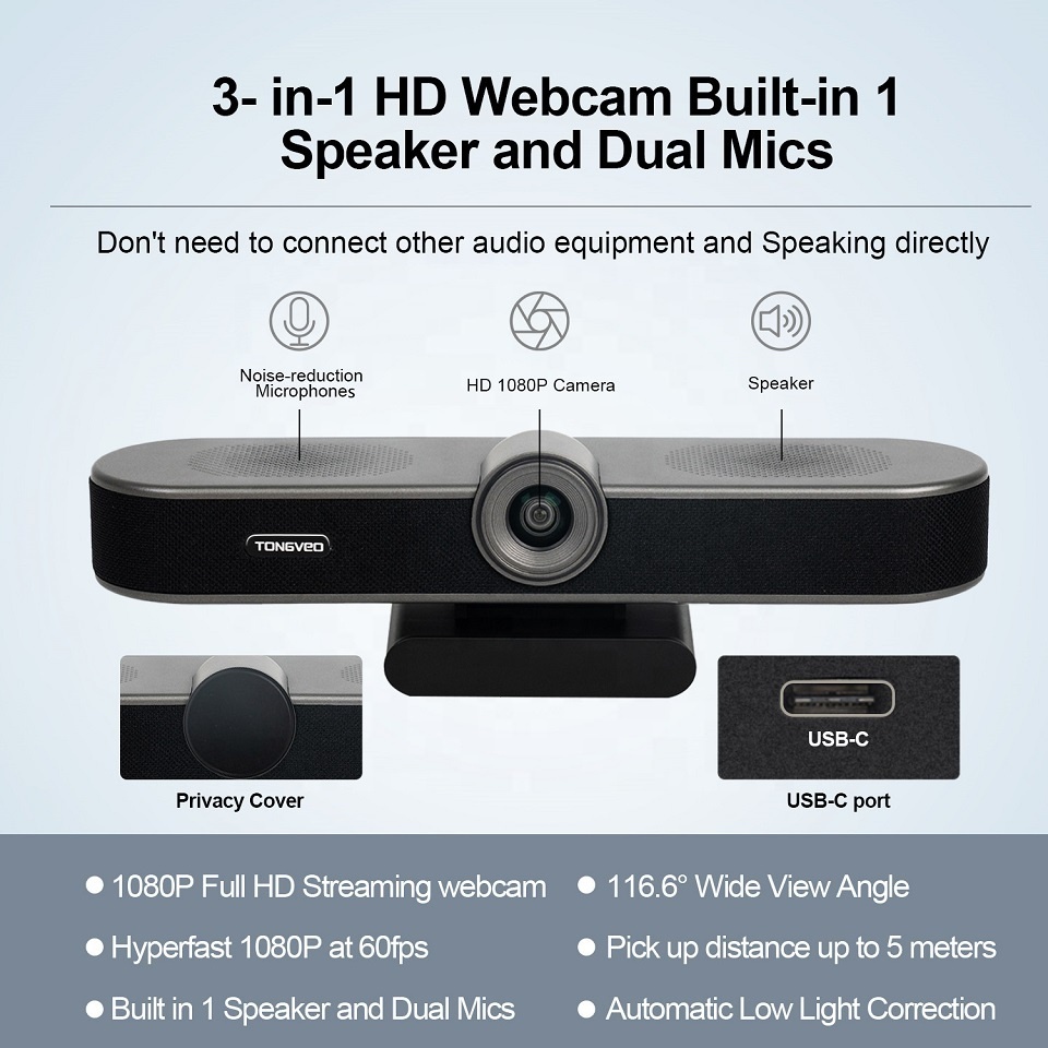 TONGVEO 3 in 1 Full HD 1080P60 Webcam Built-in Dual Mics and Speaker for Live Streaming