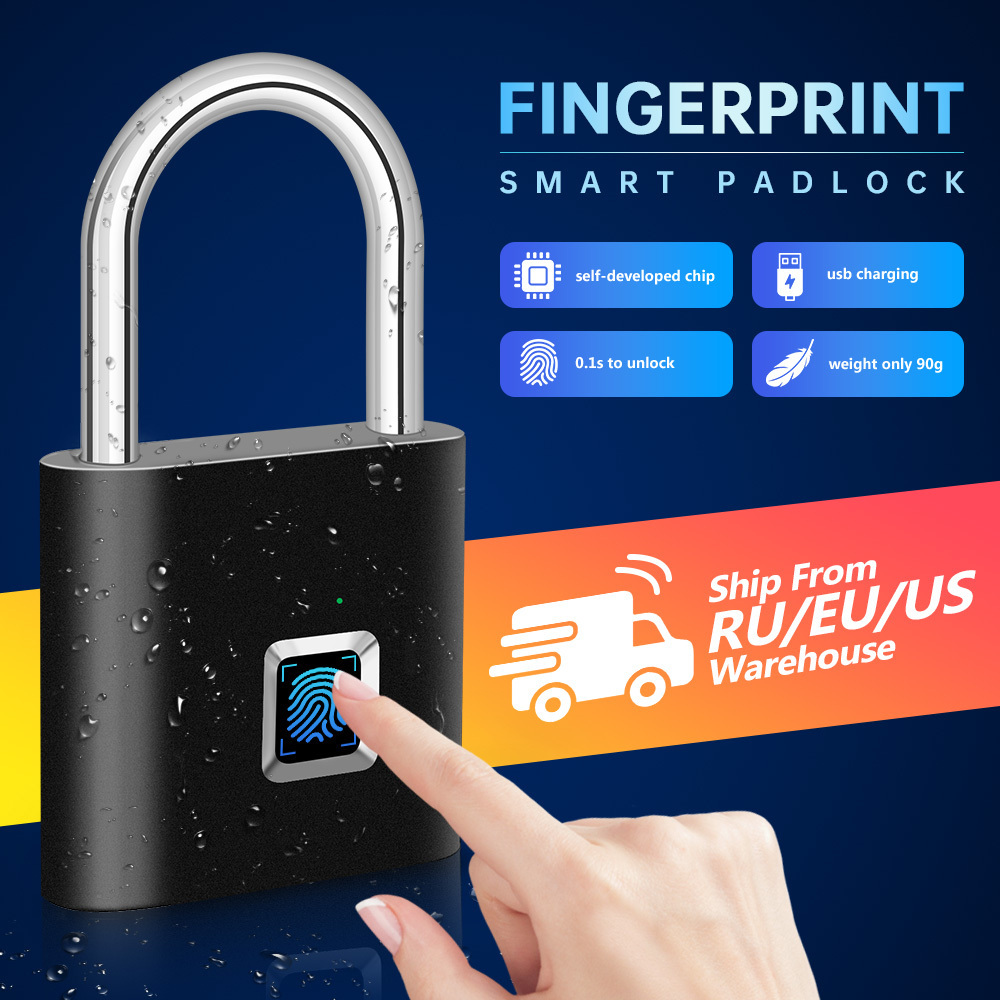 Top Quality Kerui Portable Waterproof Zinc Alloy Metal Smart Fingerprint 0.1 second Lock Padlock