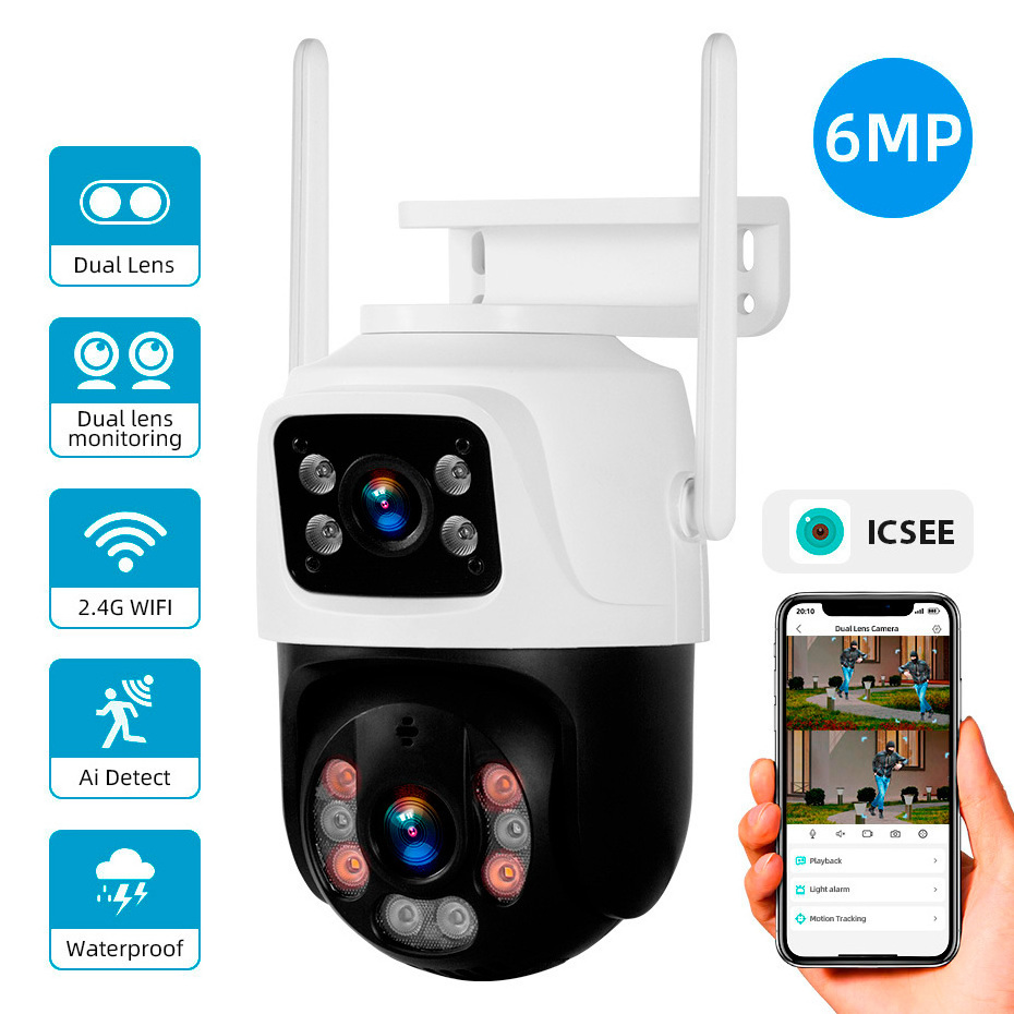 KERUI Dual Lens Outdoor Security Camera 6MP Auto Tracking PTZ Camera 3K Wifi CCTV Network IP Camera Dual Screen Surveillance