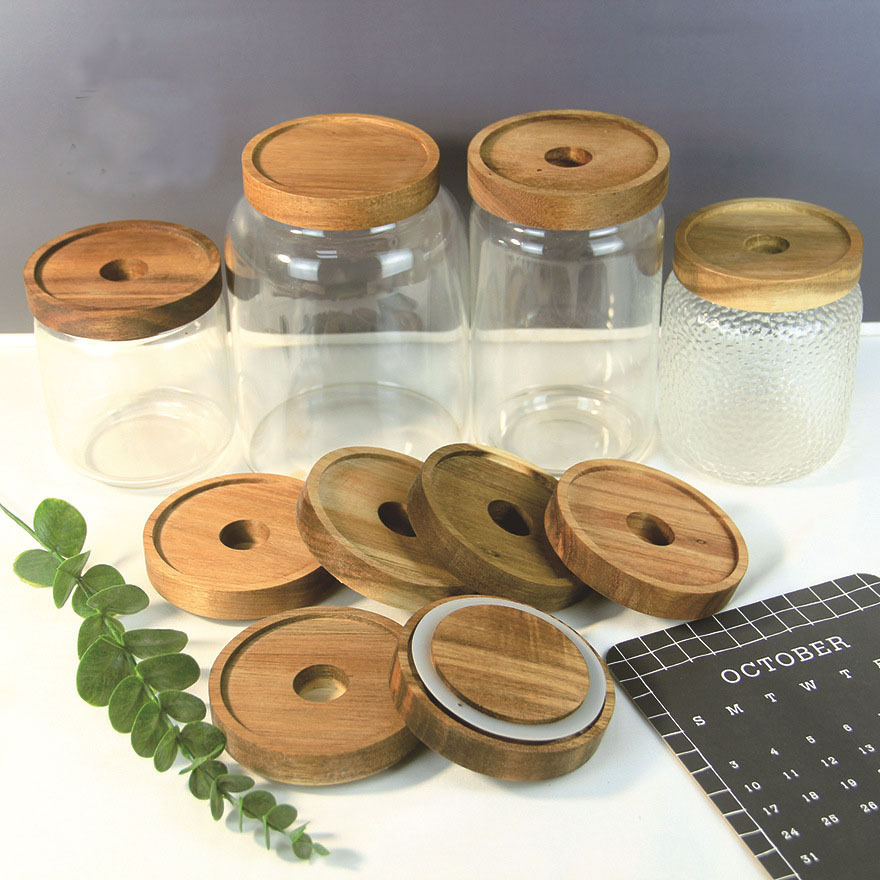 Acacia Wood Sealing Lid 1PC Canister cover with Silicone Ring Glass Lid Natural Wood Material Food Storage Jar Lid