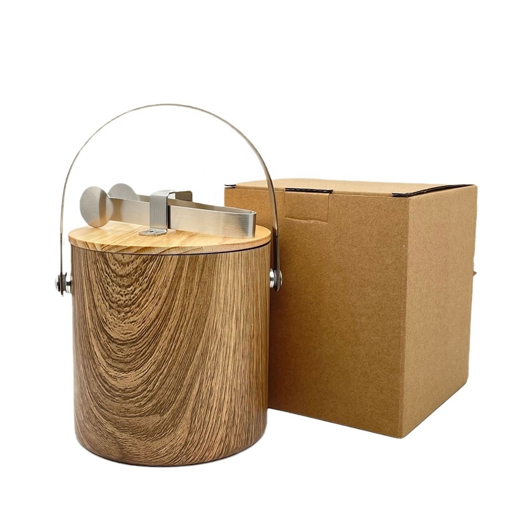 Wooden Beer Buckets Barrel Ice Cooler with Tongs Double Wall Stainless Steel Ice Bucket With Handle and Cover