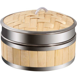 Bamboo Cooking Basket Biodegradable Chinese Dim Sum Dumpling Steam Basket W Lid Stainless Steel Rim Handmade Bamboo Steamer Set