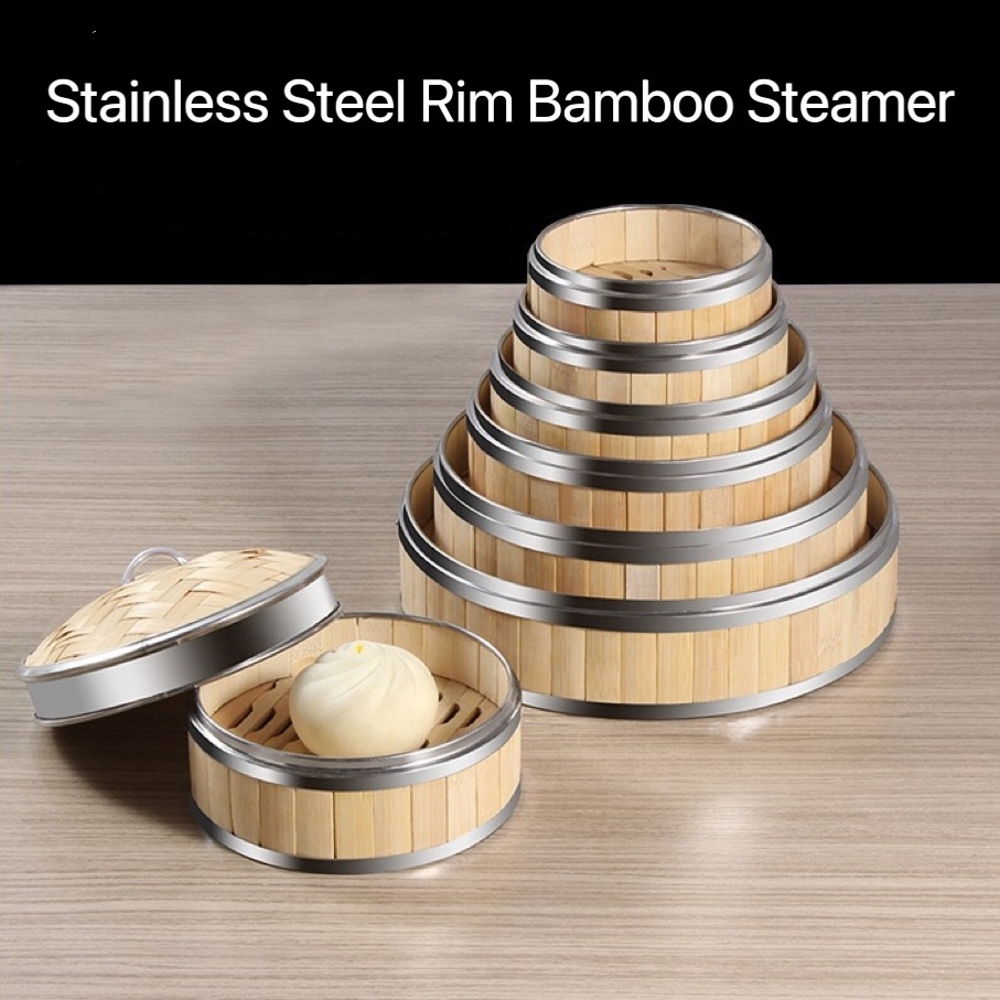 Bamboo Cooking Basket Biodegradable Chinese Dim Sum Dumpling Steam Basket W Lid Stainless Steel Rim Handmade Bamboo Steamer Set